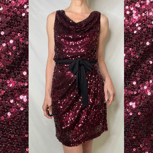 Cache ruby red sequin mini dress cowl neck cocktail evening tie belt formal prom - Picture 14 of 14